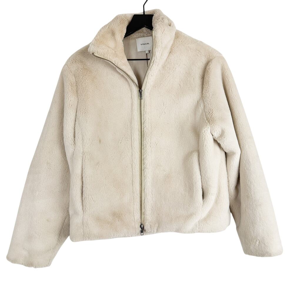 Vince Womens Plush Faux Fur Full Zip Jacket Bomber Cream - S